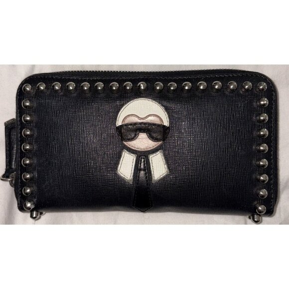 Fendi Karlito Long Studded Black Saffiano Zip Wallet In Original Box. Authentic - Picture 7 of 16